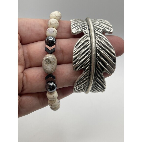 Rustic Cuff Leaf Metal Cuff Bracelet & Natural Stone Stretch Bracelet Set New - Picture 6 of 7